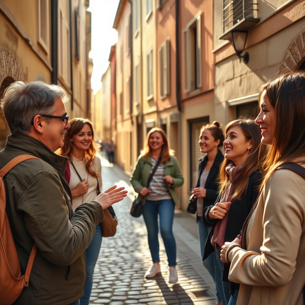 Local expert guide showing group through charming city streets